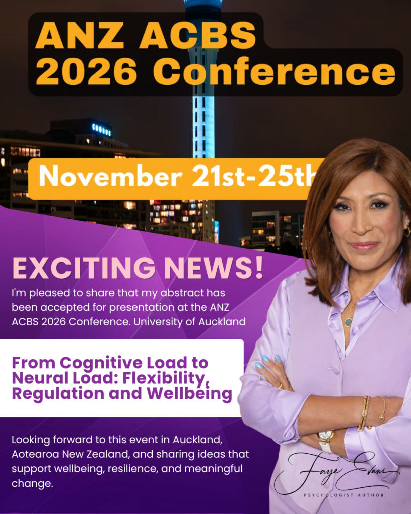Poster for ANZ ACBS 2026 Conference with bold orange title and November 21–25 banner; a smiling woman in lavender blouse on the right against a purple geometric background.