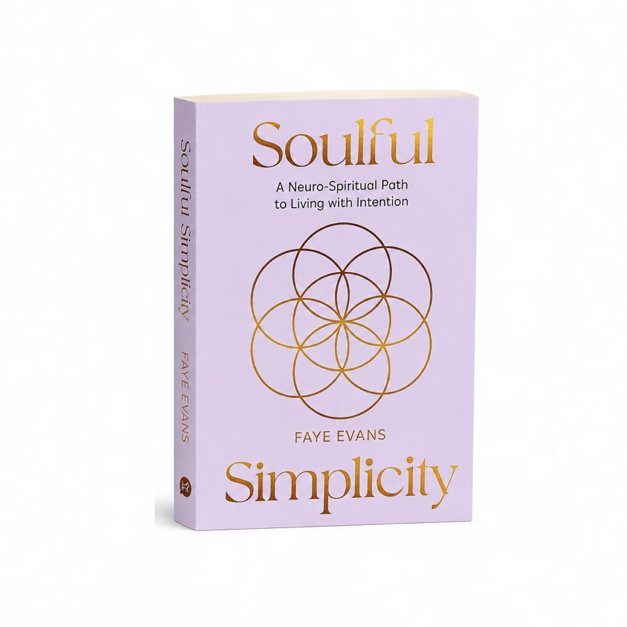 Paperback book titled Soulful Simplicity by Faye Evans on a lavender cover with a gold geometric flower design.